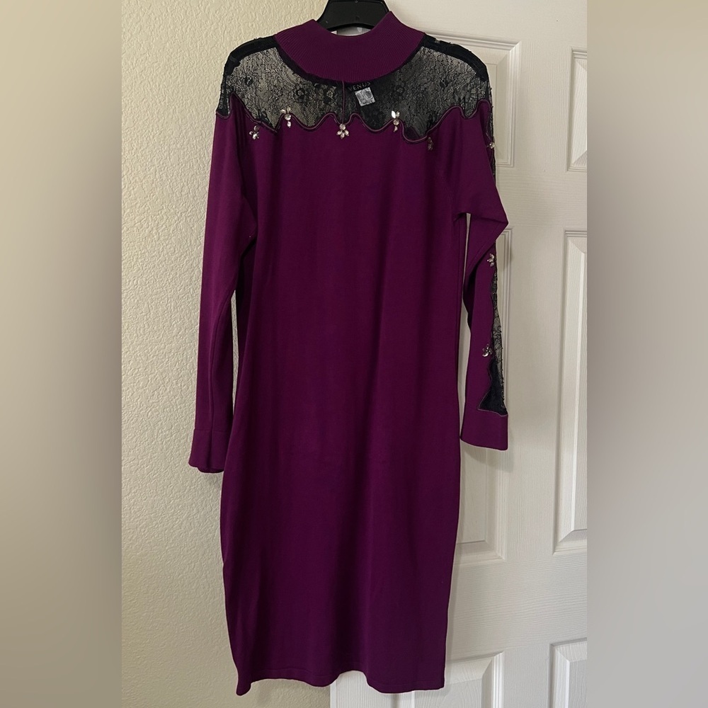 VENUS Deep Purple Long Sleeve Dress with Black Lace
